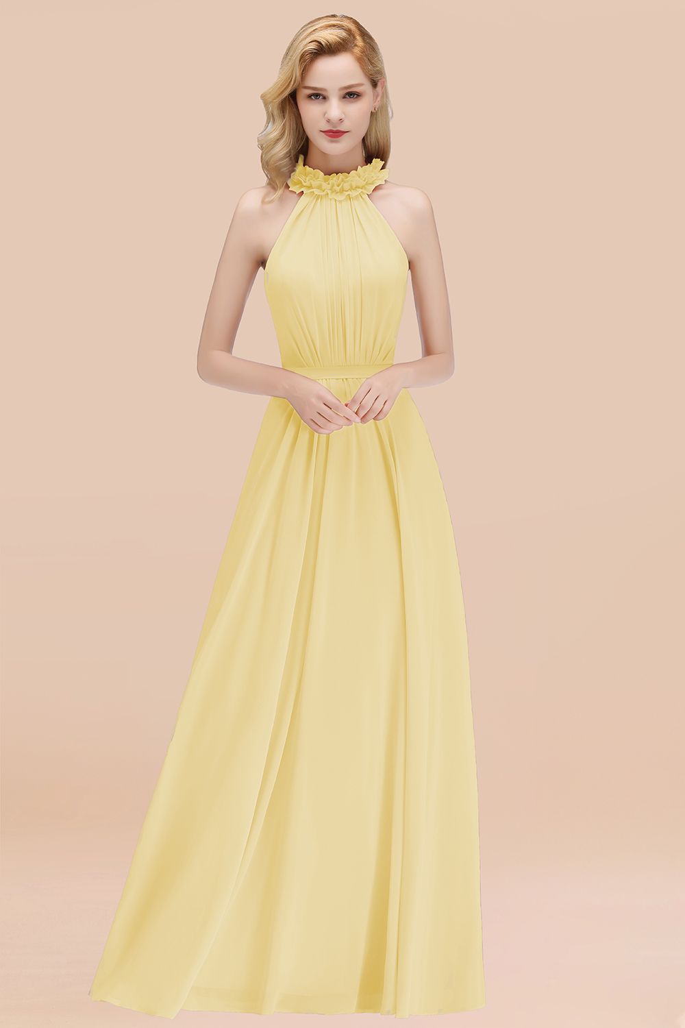 Modest High-Neck Halter Ruffle Chiffon Bridesmaid Dresses Affordable-27dress