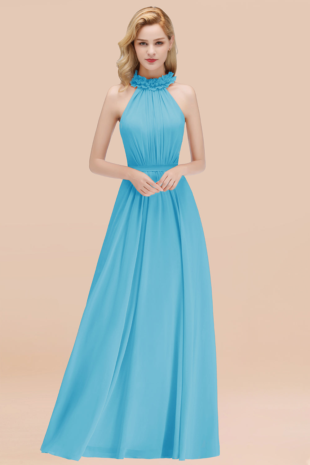 Modest High-Neck Halter Ruffle Chiffon Bridesmaid Dresses Affordable-27dress