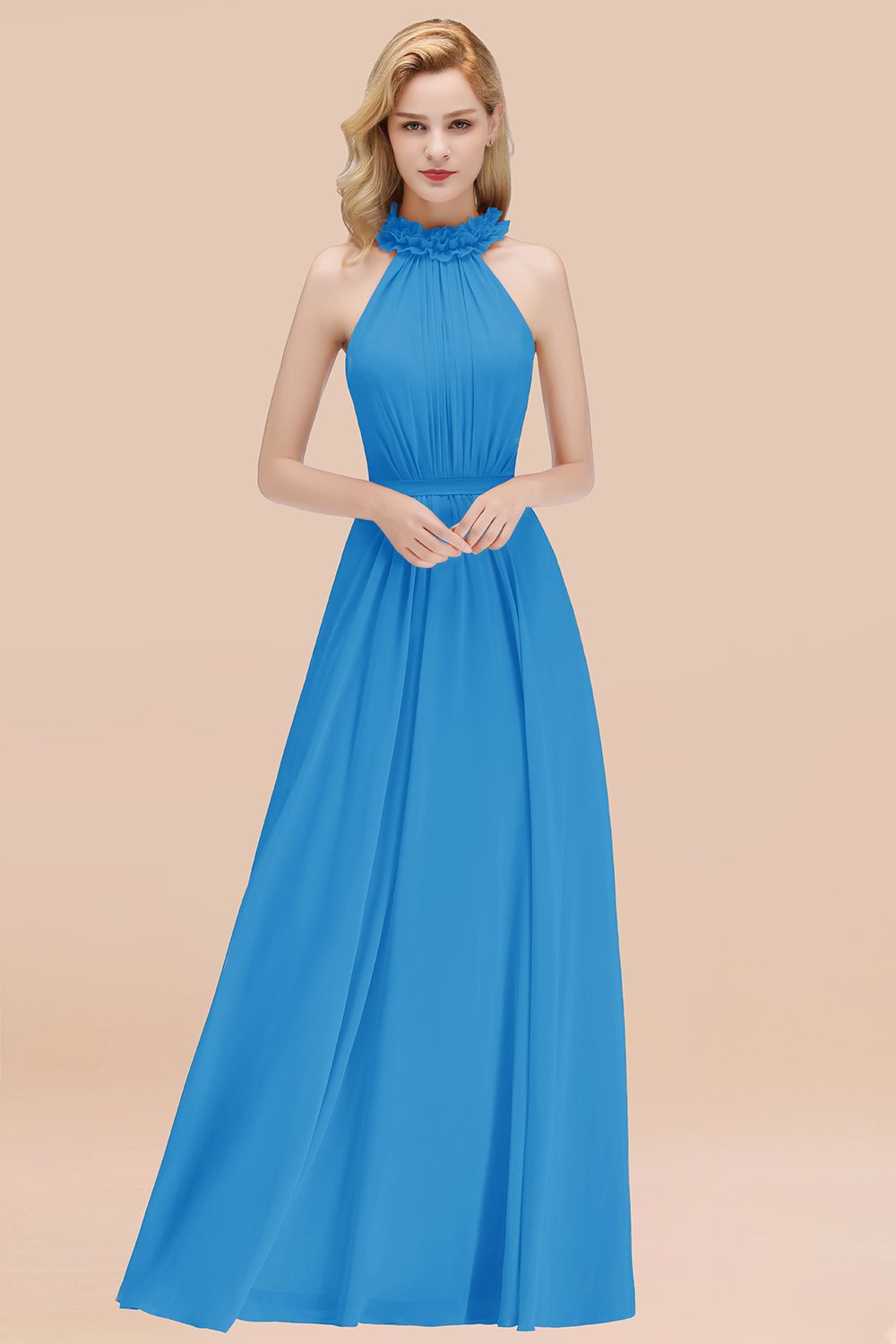 Modest High-Neck Halter Ruffle Chiffon Bridesmaid Dresses Affordable-27dress