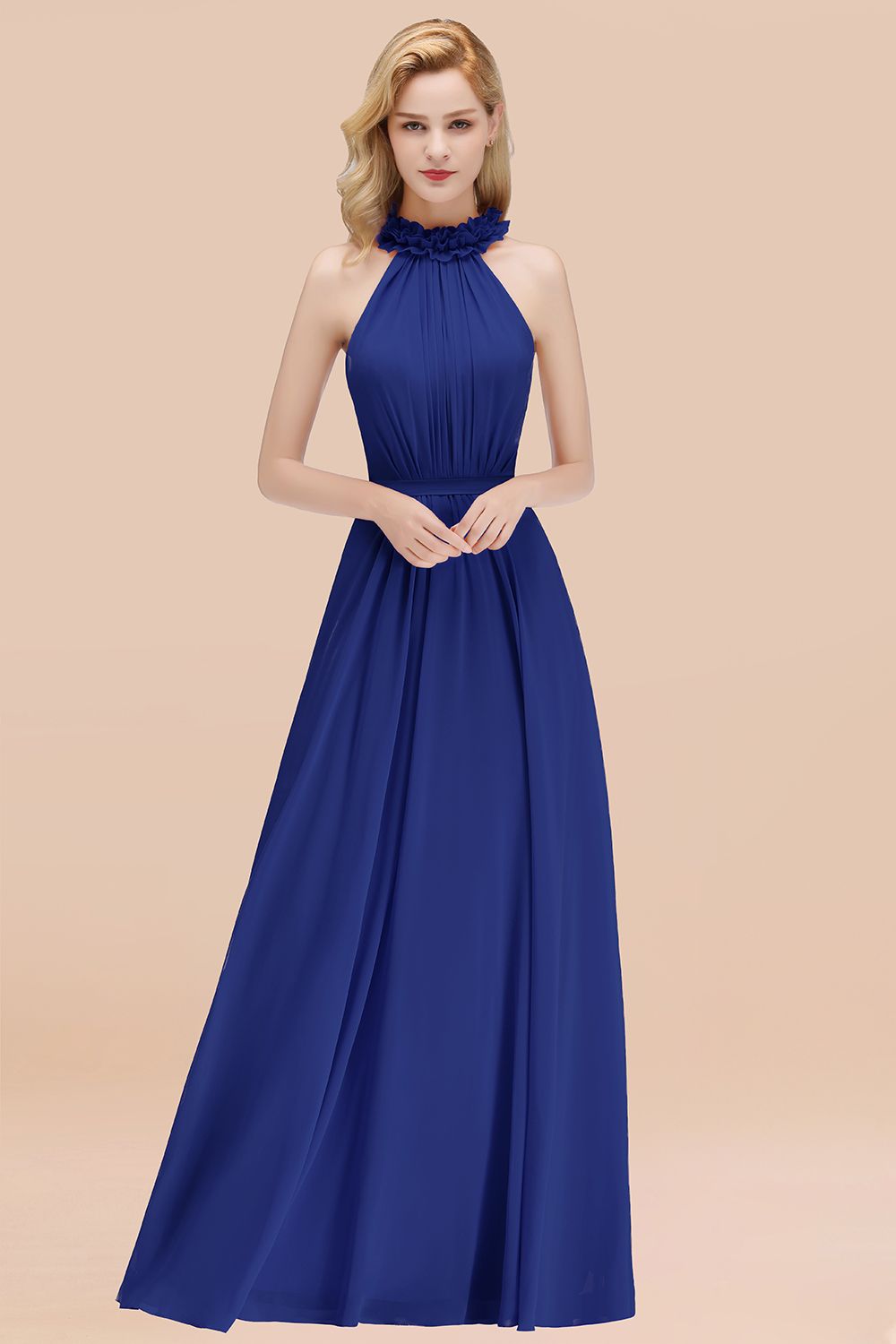 Modest High-Neck Halter Ruffle Chiffon Bridesmaid Dresses Affordable-27dress