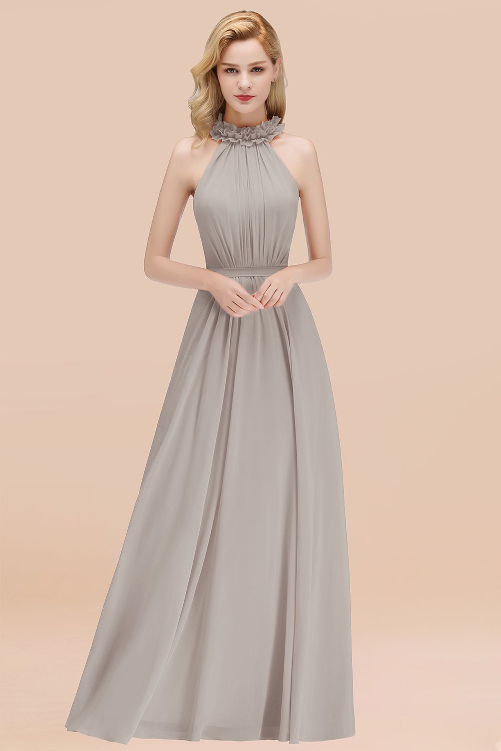 Modest High-Neck Halter Ruffle Chiffon Bridesmaid Dresses Affordable-27dress