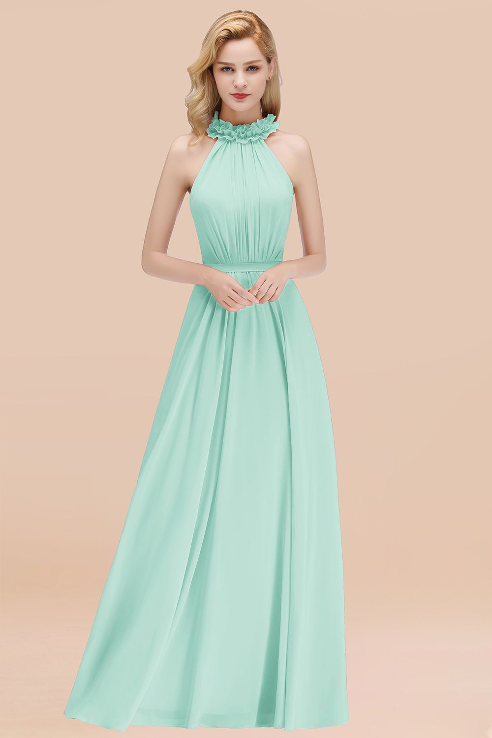 Modest High-Neck Halter Ruffle Chiffon Bridesmaid Dresses Affordable-27dress