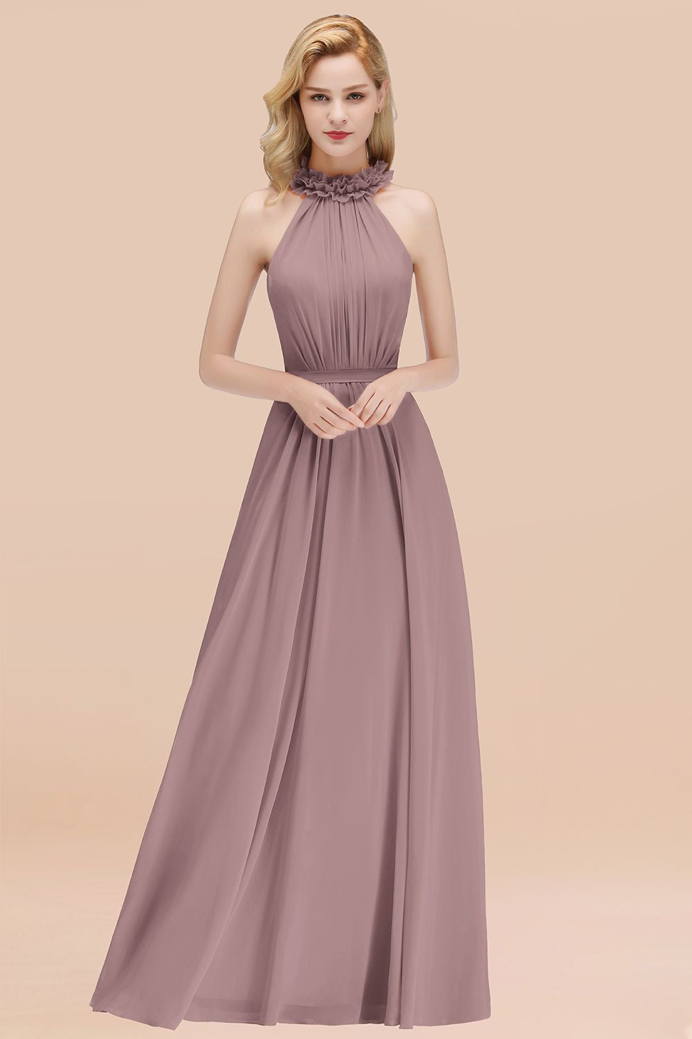 Modest High-Neck Halter Ruffle Chiffon Bridesmaid Dresses Affordable-27dress