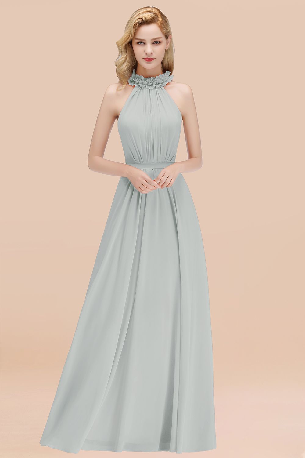 Modest High-Neck Halter Ruffle Chiffon Bridesmaid Dresses Affordable-27dress