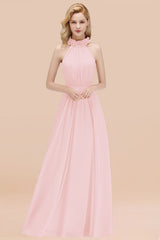 Modest High-Neck Halter Ruffle Chiffon Bridesmaid Dresses Affordable-27dress