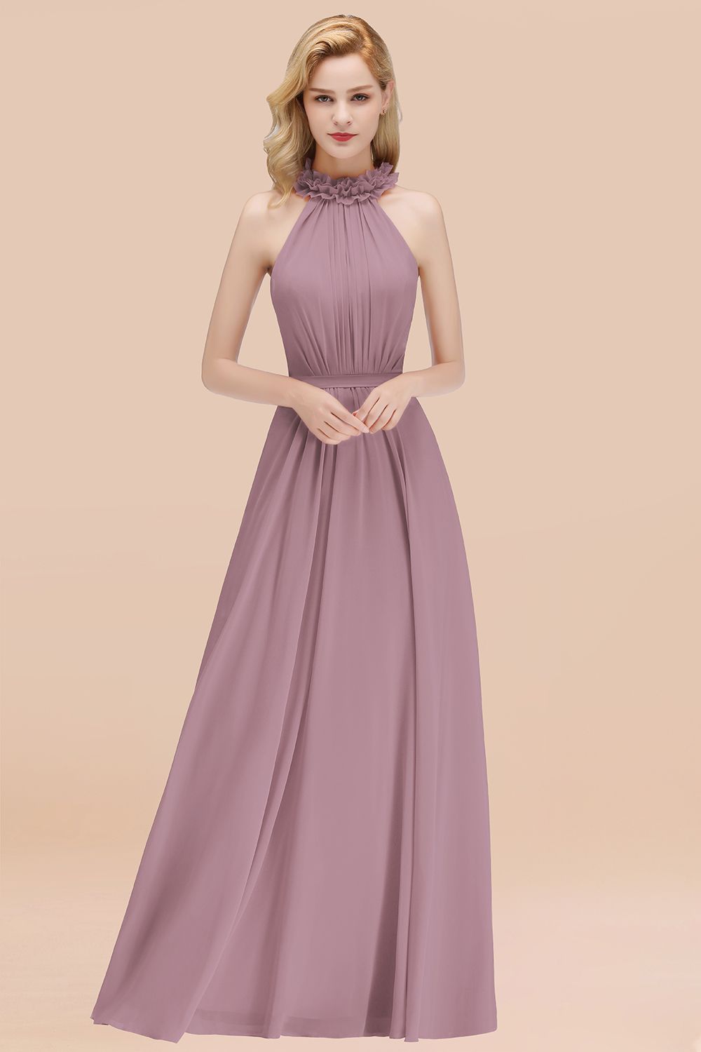 Modest High-Neck Halter Ruffle Chiffon Bridesmaid Dresses Affordable-27dress