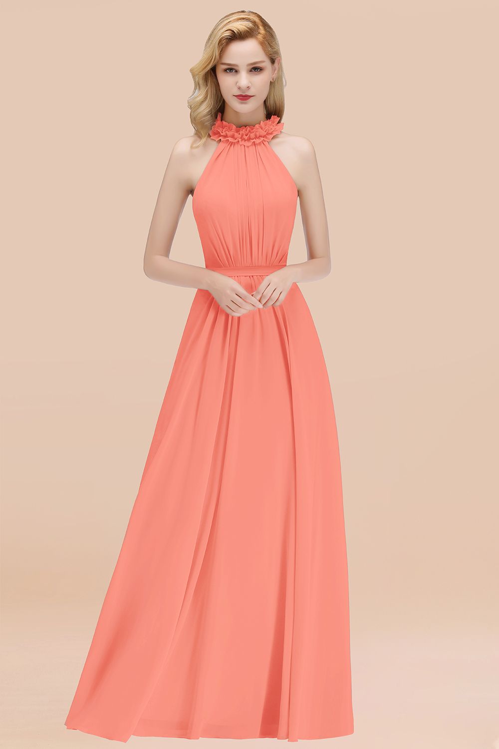 Modest High-Neck Halter Ruffle Chiffon Bridesmaid Dresses Affordable-27dress