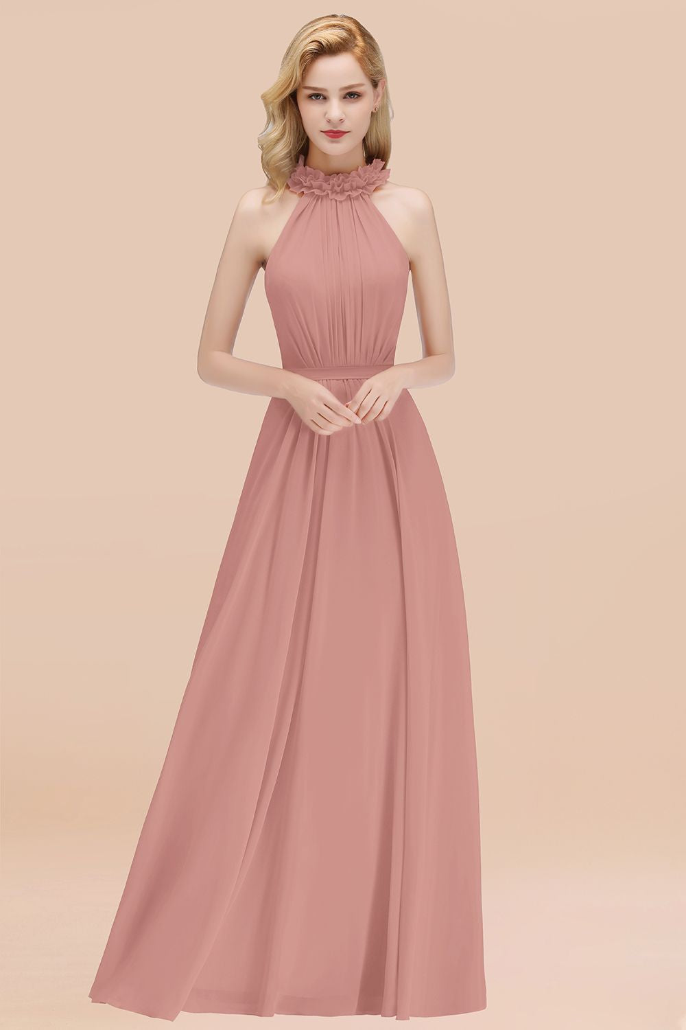 Modest High-Neck Halter Ruffle Chiffon Bridesmaid Dresses Affordable-27dress