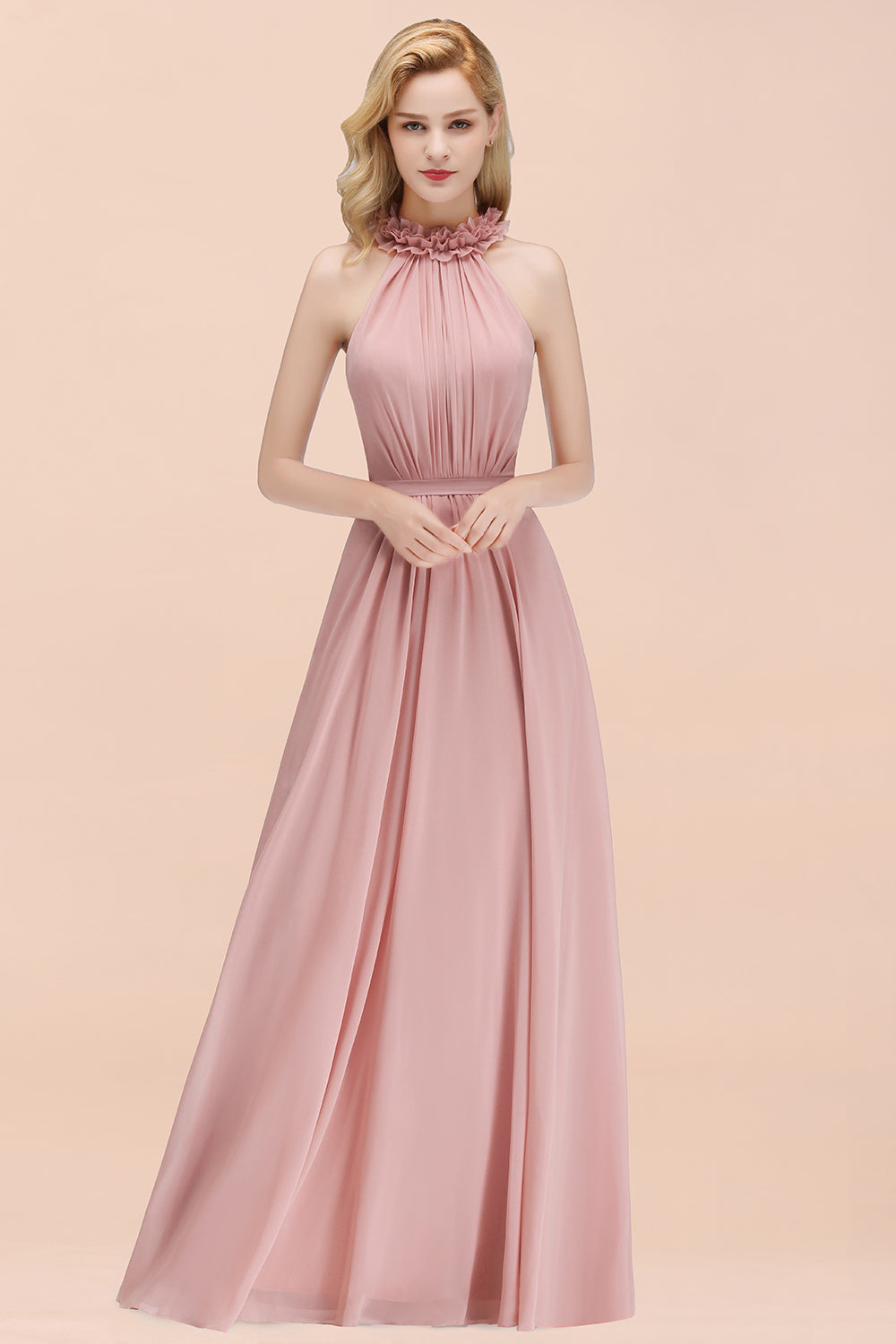 Modest High-Neck Halter Ruffle Chiffon Bridesmaid Dresses Affordable-27dress