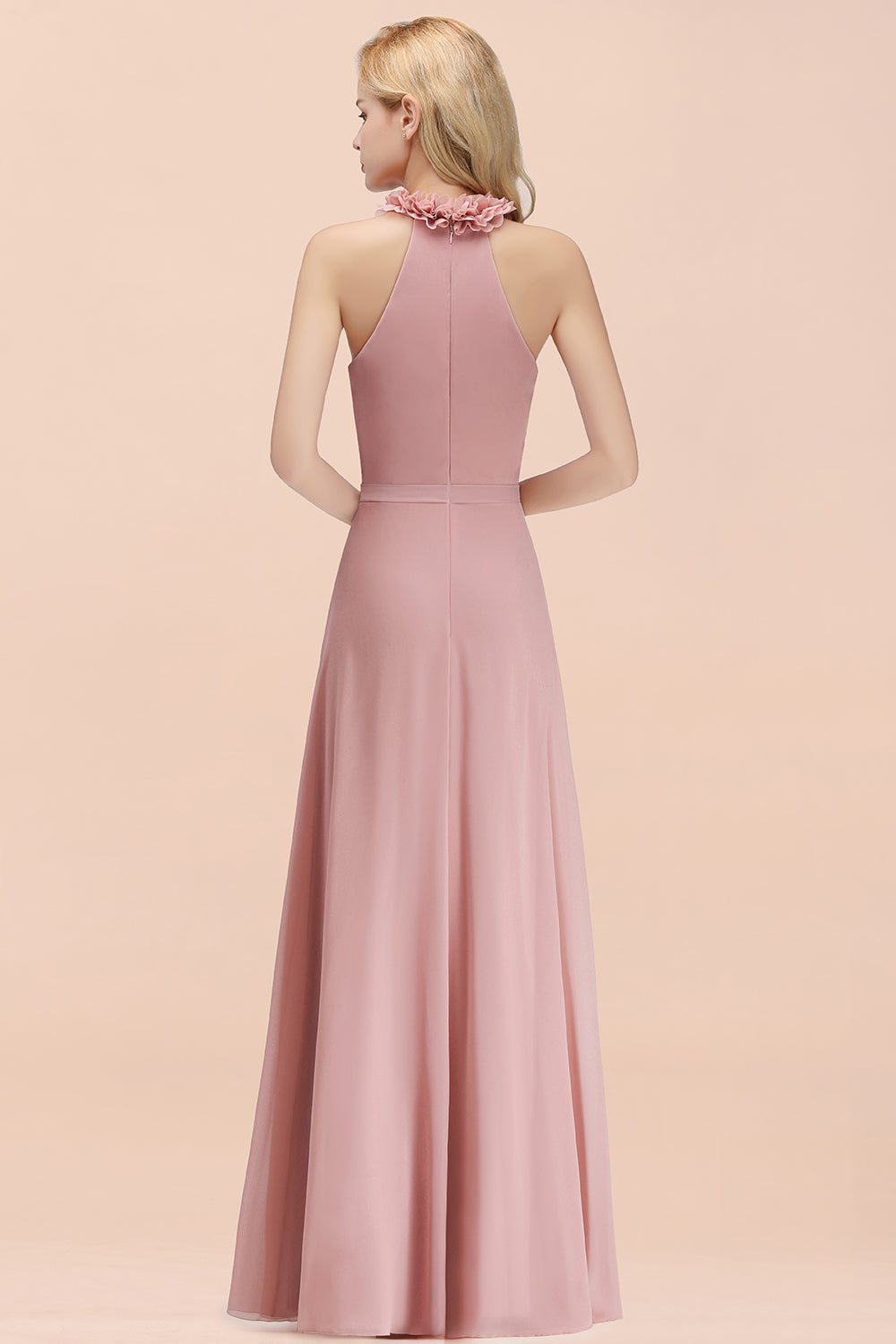 Modest High-Neck Halter Ruffle Chiffon Bridesmaid Dresses Affordable-27dress