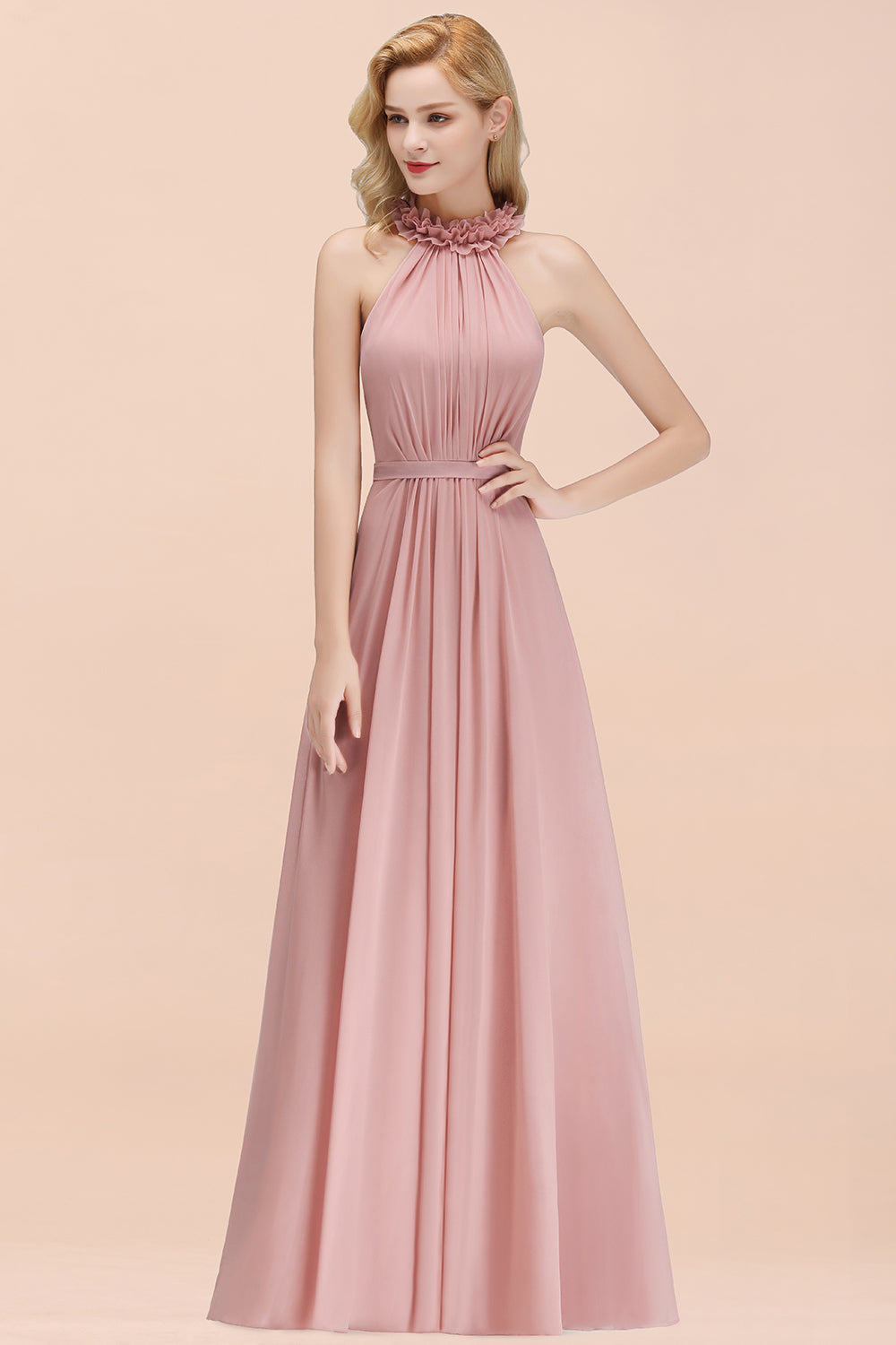 Modest High-Neck Halter Ruffle Chiffon Bridesmaid Dresses Affordable-27dress