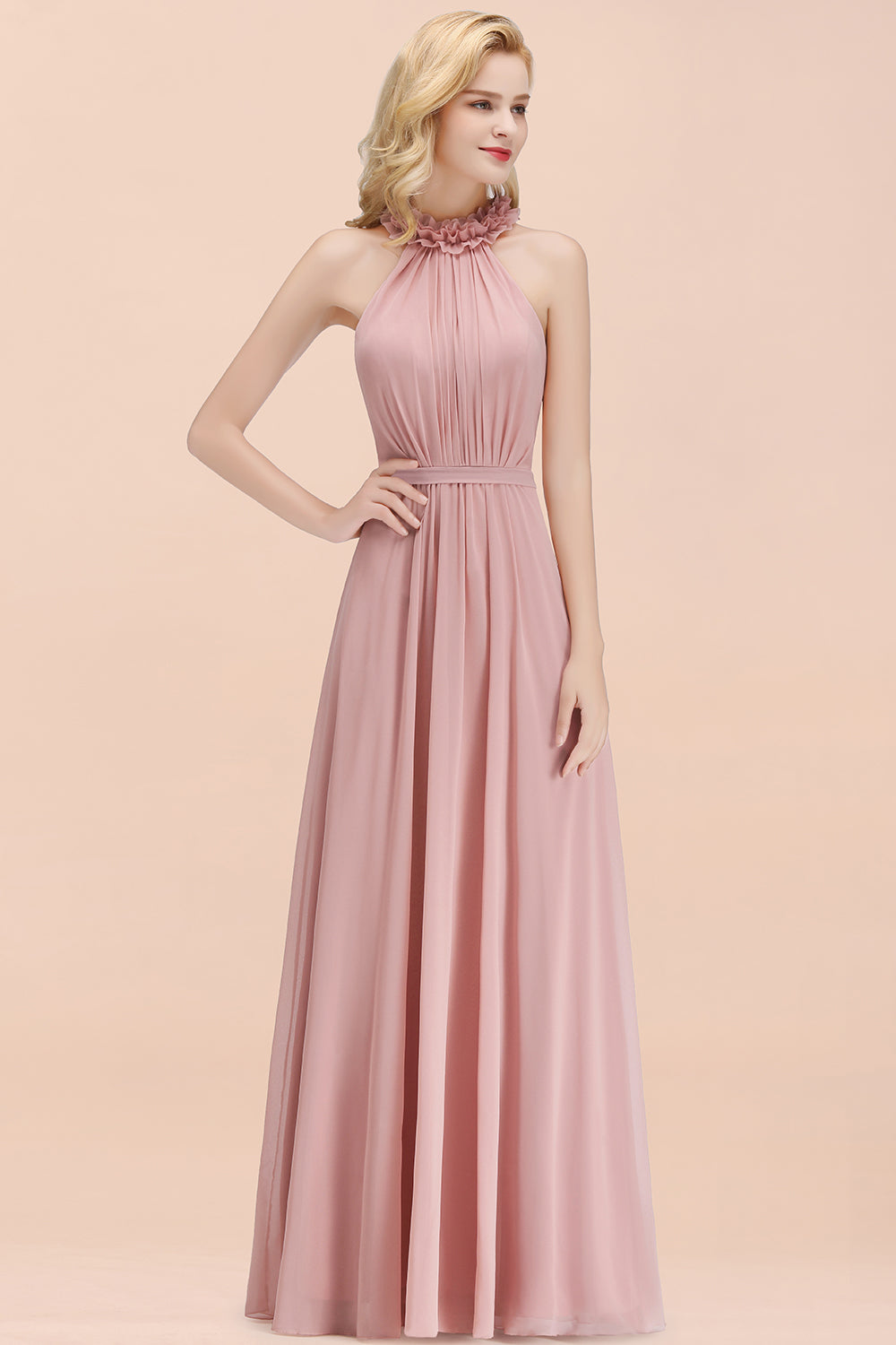 Modest High-Neck Halter Ruffle Chiffon Bridesmaid Dresses Affordable-27dress