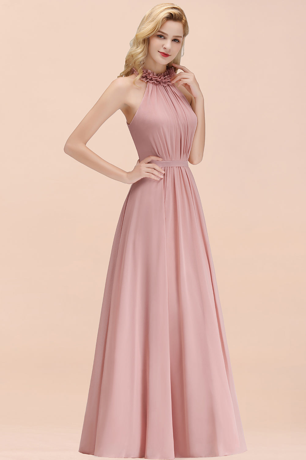 Modest High-Neck Halter Ruffle Chiffon Bridesmaid Dresses Affordable-27dress