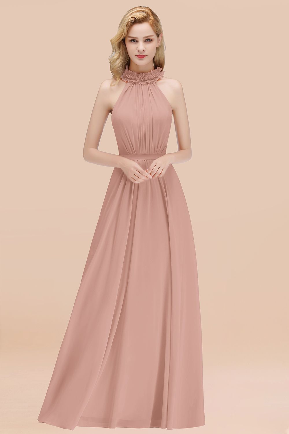 Modest High-Neck Halter Ruffle Chiffon Bridesmaid Dresses Affordable-27dress