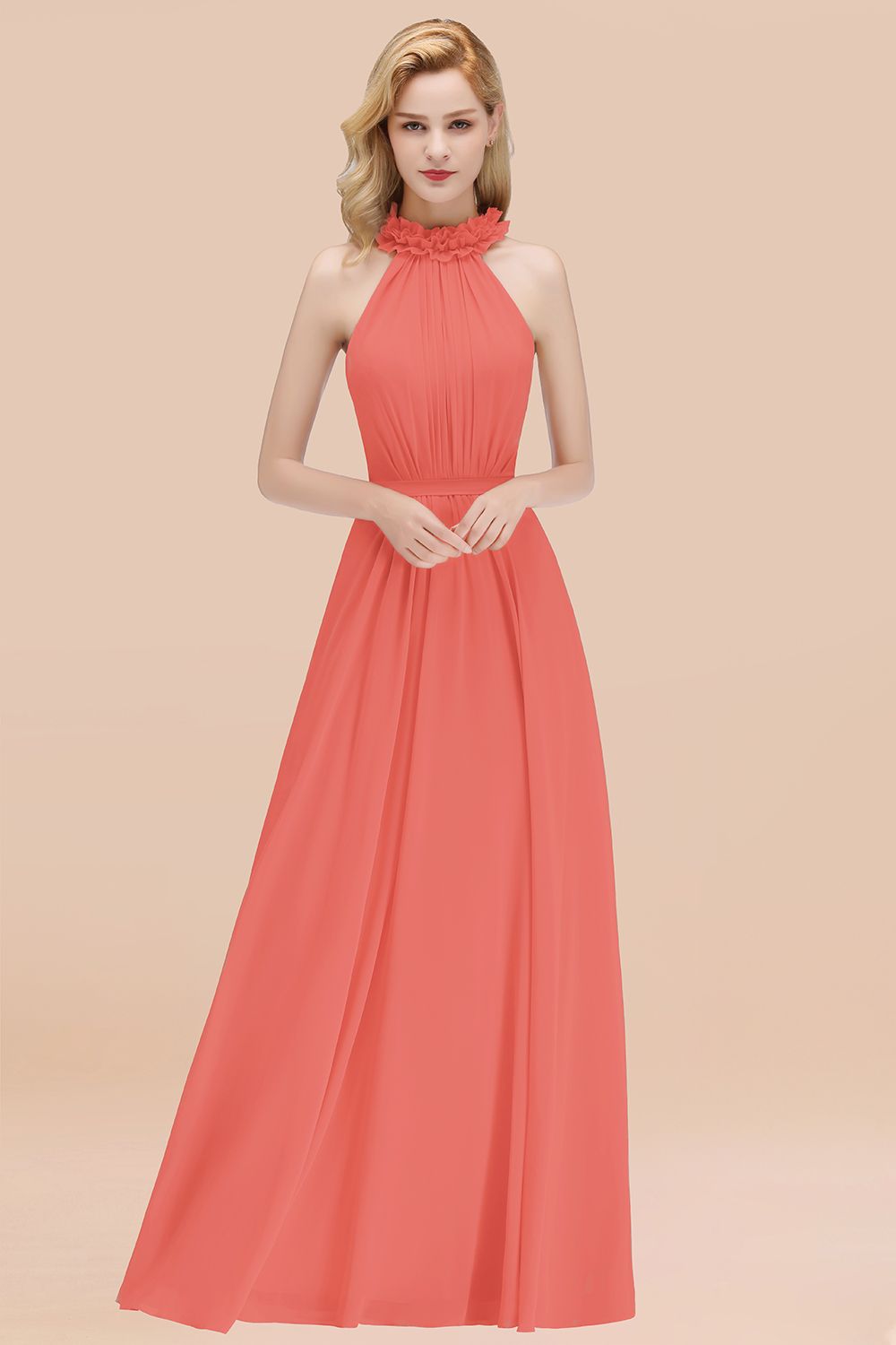 Modest High-Neck Halter Ruffle Chiffon Bridesmaid Dresses Affordable-27dress