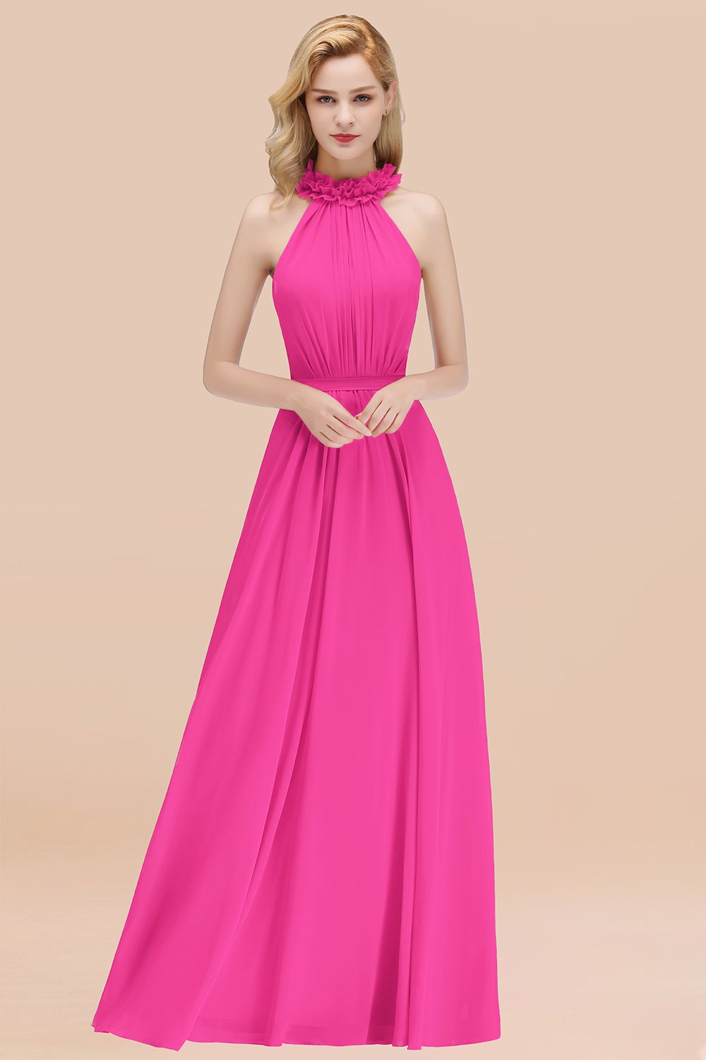 Modest High-Neck Halter Ruffle Chiffon Bridesmaid Dresses Affordable-27dress