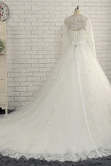 Modest Jewel Longsleeves White Wedding Dresses A-line Tulle Ruffles Bridal Gowns On Sale-27dress