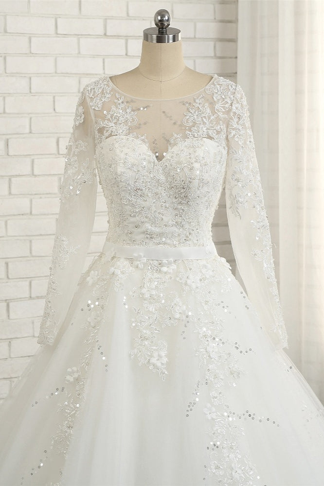 Modest Jewel Longsleeves White Wedding Dresses A-line Tulle Ruffles Bridal Gowns On Sale-27dress