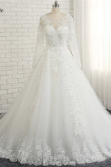 Modest Jewel Longsleeves White Wedding Dresses A-line Tulle Ruffles Bridal Gowns On Sale-27dress