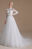 Modest Long A-line High Neck Tulle Lace Wedding Dresses with Sleeves-27dress