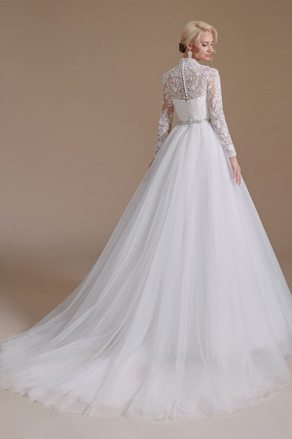 Modest Long A-line High Neck Tulle Lace Wedding Dresses with Sleeves-27dress
