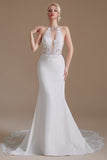 Modest Long Mermaid Halter Backless Satin Wedding Dresses with Appliques Lace-27dress