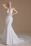 Modest Long Mermaid Halter Backless Satin Wedding Dresses with Appliques Lace-27dress