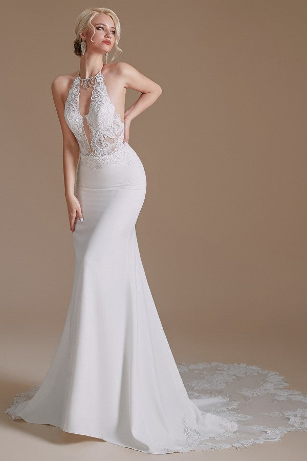 Modest Long Mermaid Halter Backless Satin Wedding Dresses with Appliques Lace-27dress