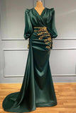 Modest Long Mermaid Satin Beading V-neck Prom Dress with Sleeves-27Dress