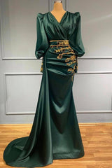 Modest Long Mermaid Satin Beading V-neck Prom Dress with Sleeves-27Dress