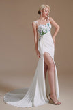 Modest Long Mermaid Satin Spaghetti Straps Open Back Wedding Dress with slit-27dress