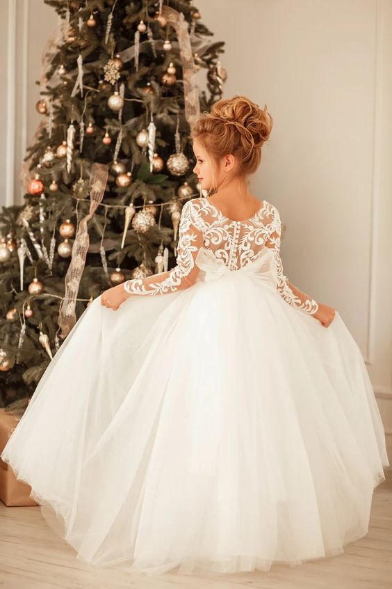 Modest Long Princess Tulle Lace Appliques flower girl dress with Sleeves-27dress