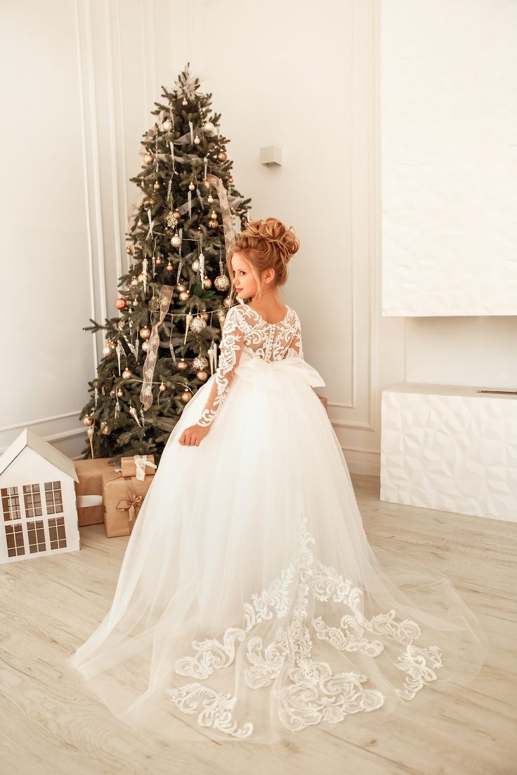 Modest Long Princess Tulle Lace Appliques flower girl dress with Sleeves-27dress