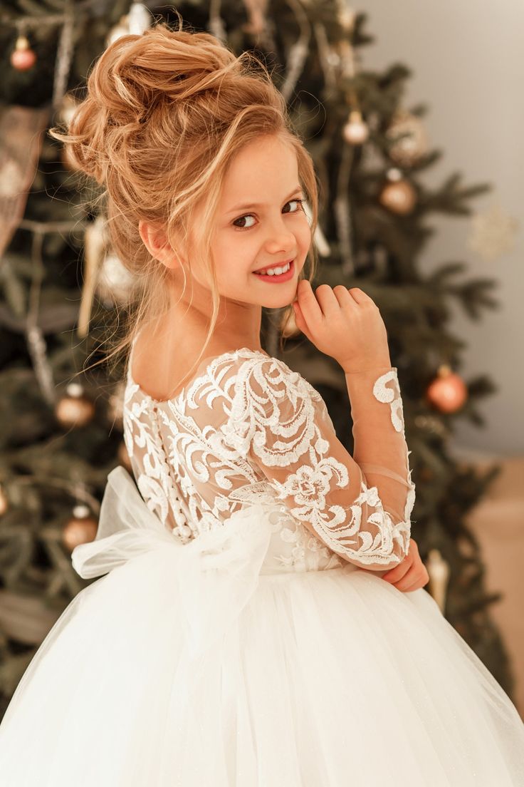 Modest Long Princess Tulle Lace Appliques flower girl dress with Sleeves-27dress