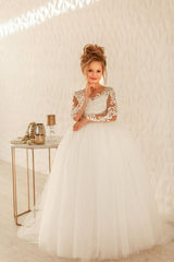 Modest Long Princess Tulle Lace Appliques flower girl dress with Sleeves-27dress