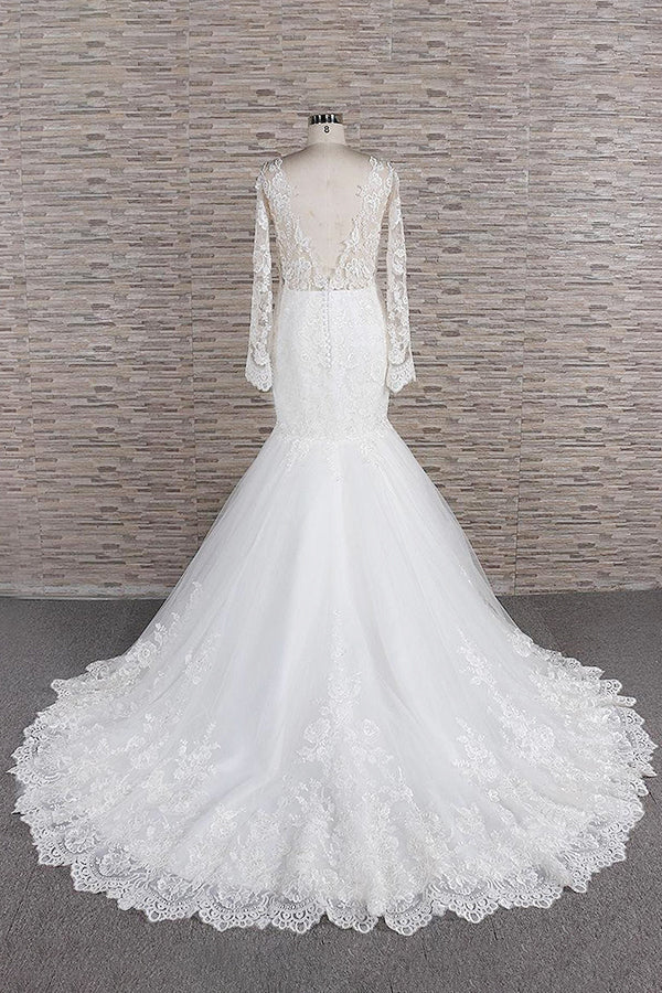 Modest Longsleeves jewel Mermaid Wedding Dresses White Tulle Lace Bridal Gowns With Appliques Online-27dress