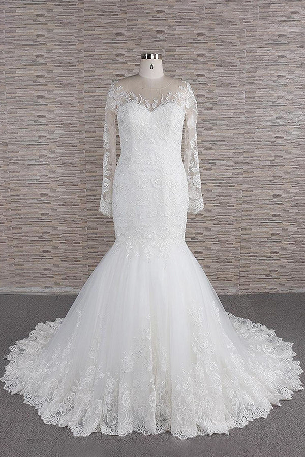 Modest Longsleeves jewel Mermaid Wedding Dresses White Tulle Lace Bridal Gowns With Appliques Online-27dress