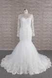 Modest Longsleeves jewel Mermaid Wedding Dresses White Tulle Lace Bridal Gowns With Appliques Online-27dress
