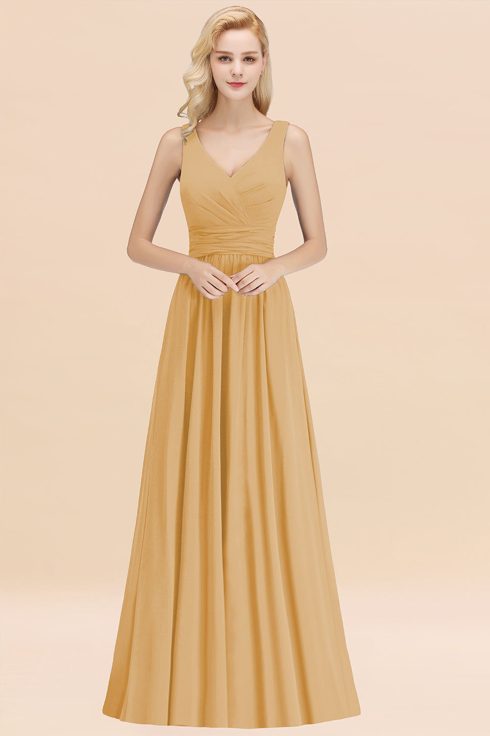 Modest Sleeveless V-Neck Long Chiffon Bridesmaid Dress Online with Ruffle-27dress