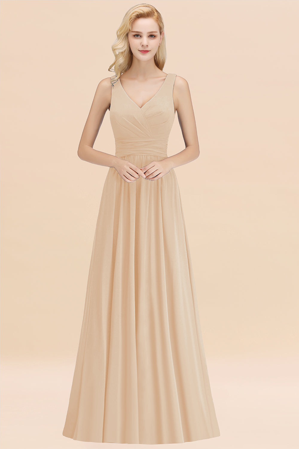 Modest Sleeveless V-Neck Long Chiffon Bridesmaid Dress Online with Ruffle-27dress