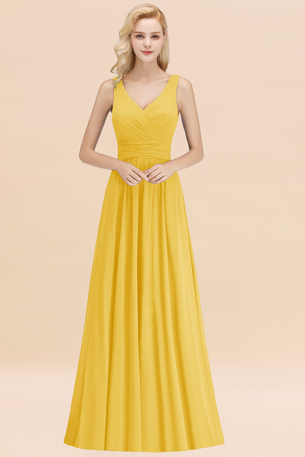 Modest Sleeveless V-Neck Long Chiffon Bridesmaid Dress Online with Ruffle-27dress