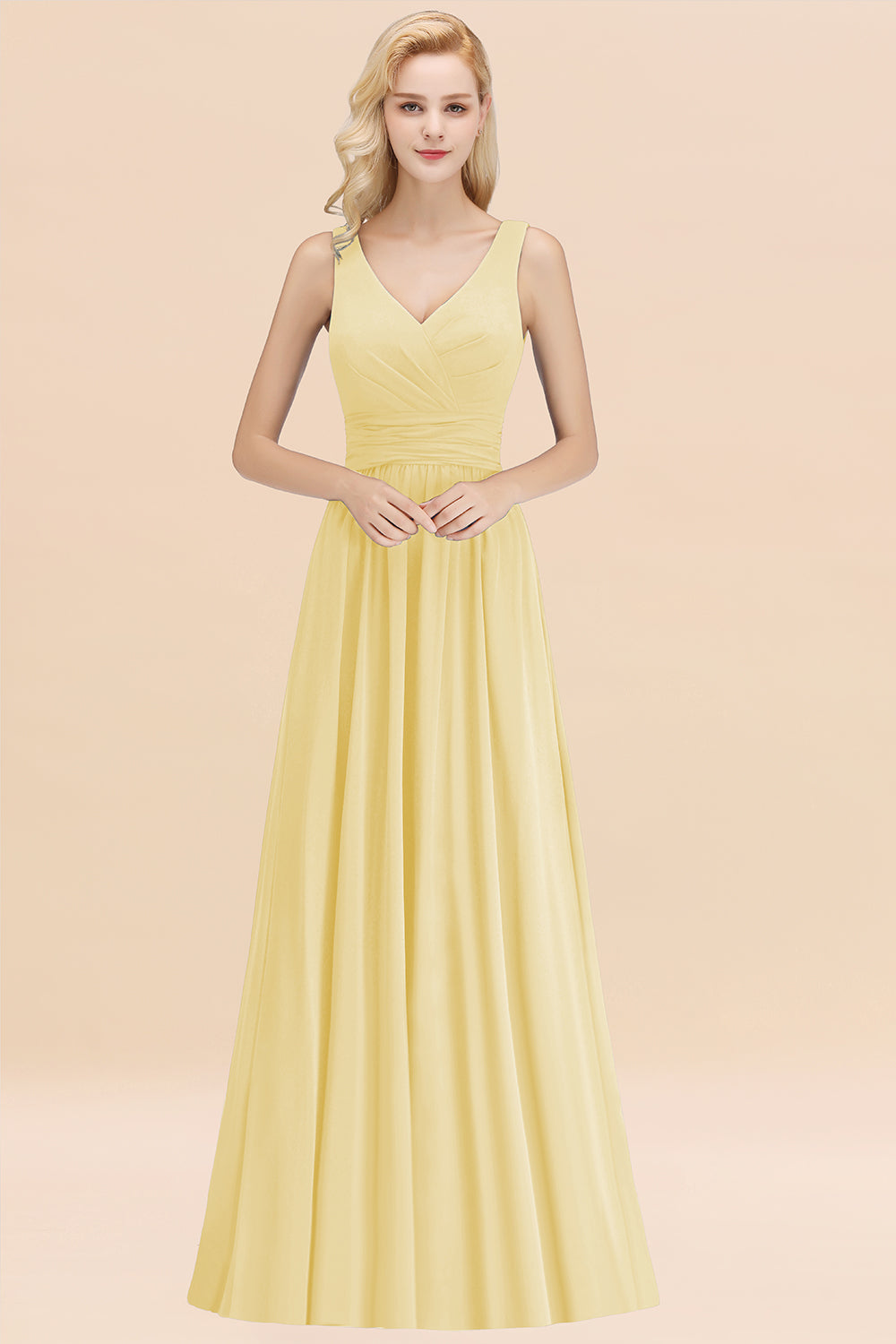 Modest Sleeveless V-Neck Long Chiffon Bridesmaid Dress Online with Ruffle-27dress