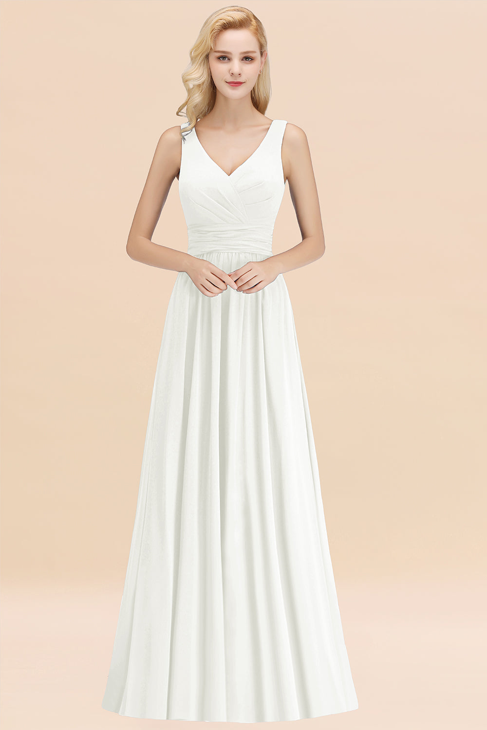 Modest Sleeveless V-Neck Long Chiffon Bridesmaid Dress Online with Ruffle-27dress