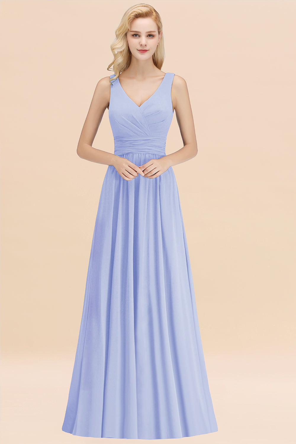 Modest Sleeveless V-Neck Long Chiffon Bridesmaid Dress Online with Ruffle-27dress