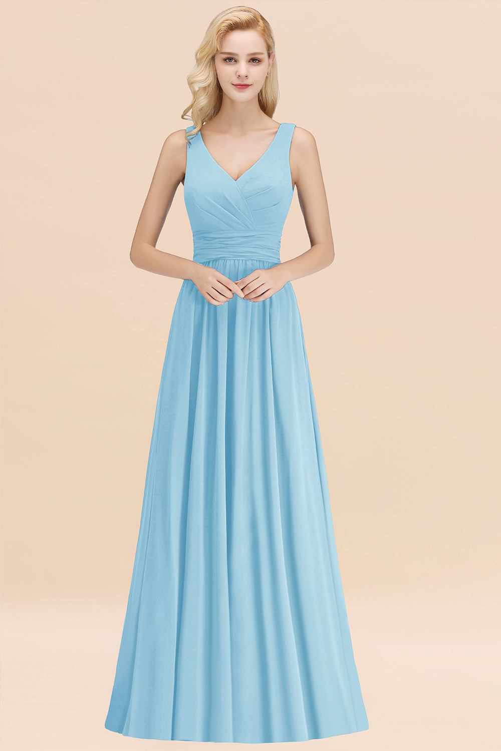 Modest Sleeveless V-Neck Long Chiffon Bridesmaid Dress Online with Ruffle-27dress