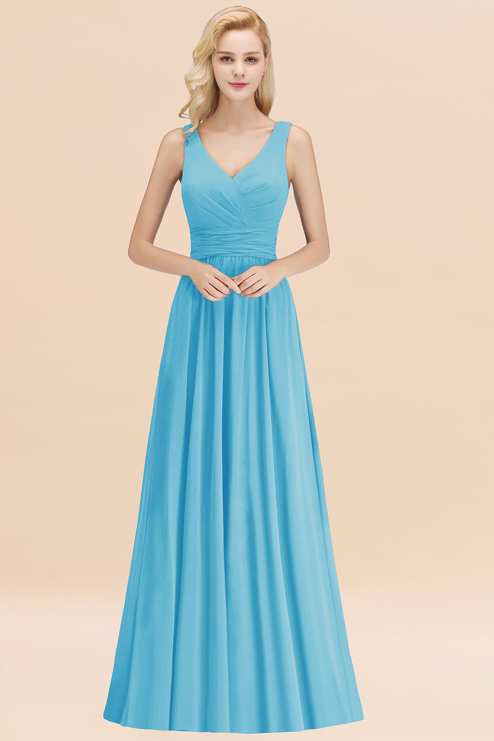 Modest Sleeveless V-Neck Long Chiffon Bridesmaid Dress Online with Ruffle-27dress