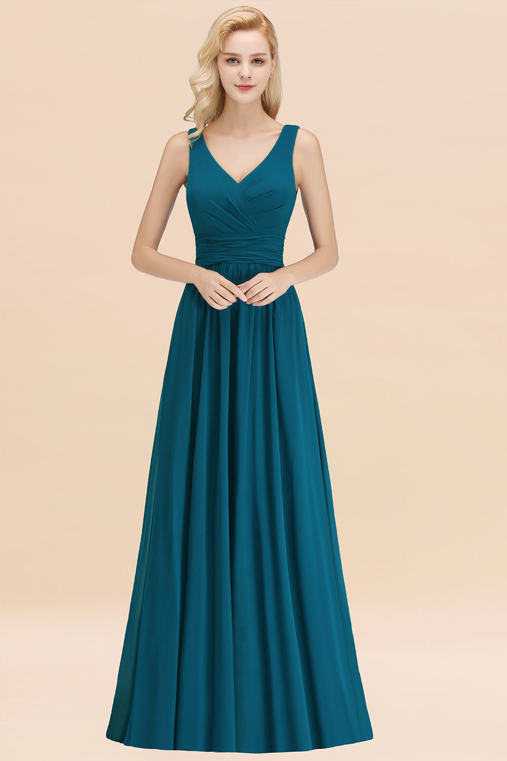 Modest Sleeveless V-Neck Long Chiffon Bridesmaid Dress Online with Ruffle-27dress