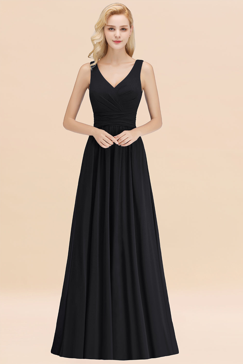 Modest Sleeveless V-Neck Long Chiffon Bridesmaid Dress Online with Ruffle-27dress