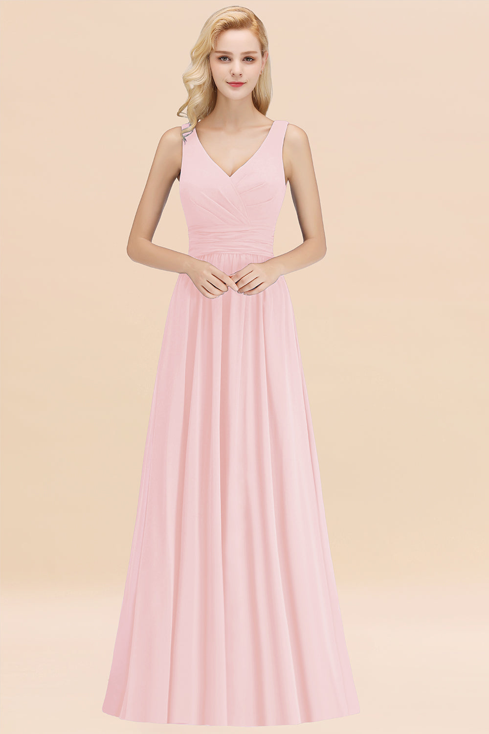 Modest Sleeveless V-Neck Long Chiffon Bridesmaid Dress Online with Ruffle-27dress