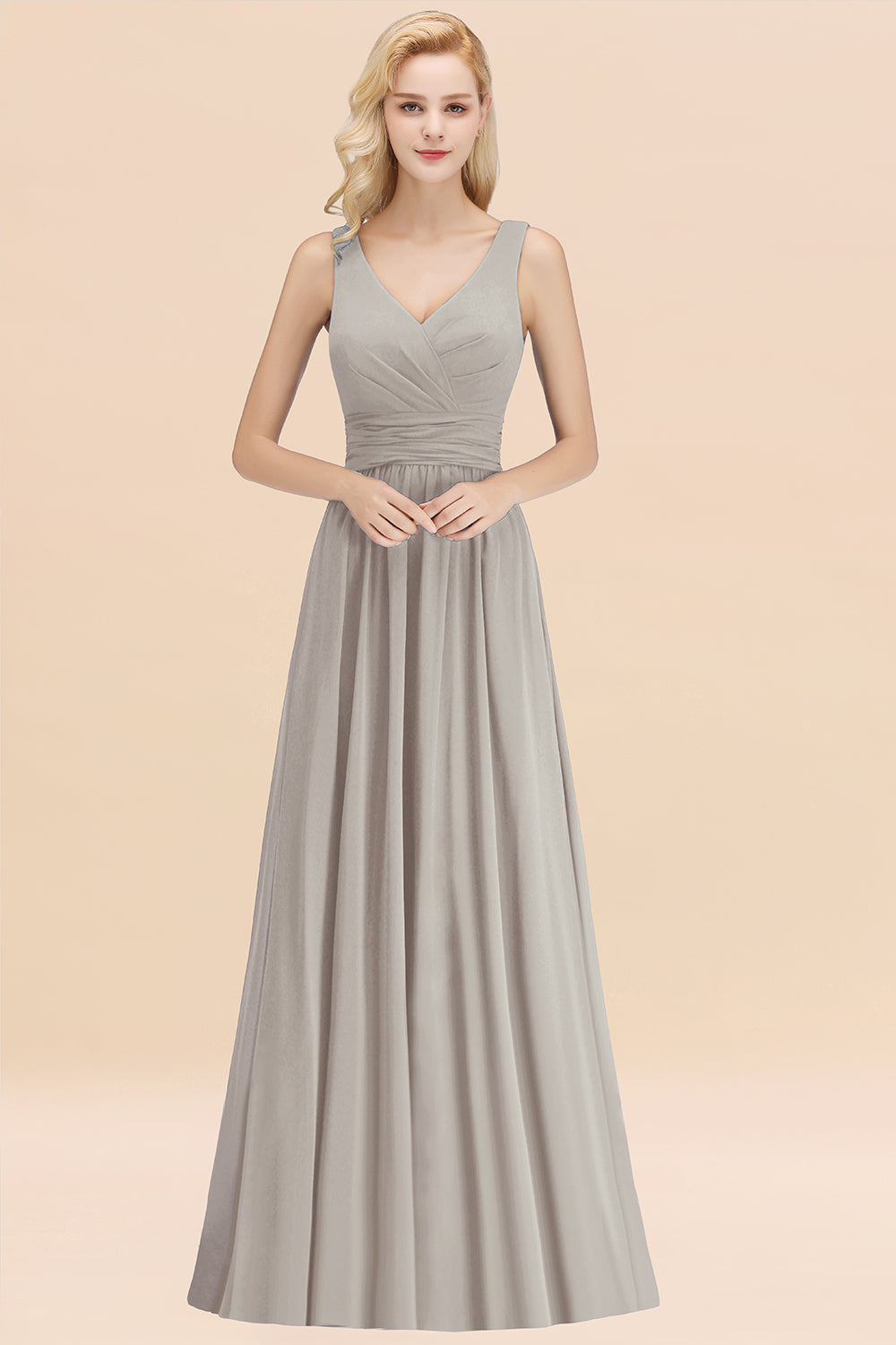 Modest Sleeveless V-Neck Long Chiffon Bridesmaid Dress Online with Ruffle-27dress